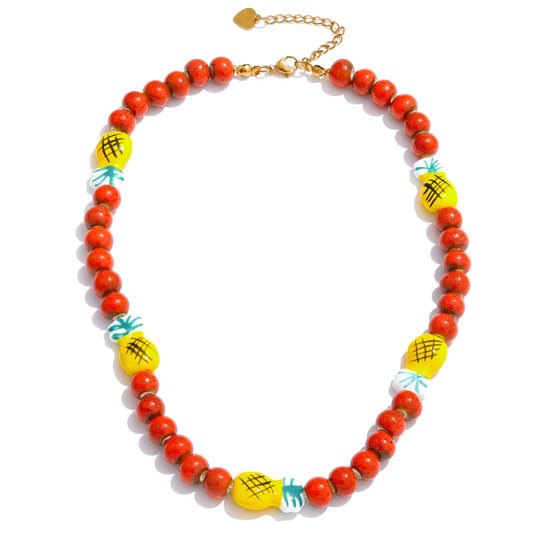 Collar de cadena con cuentas de cerámica roja