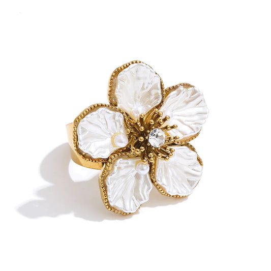 Anillo Destello ajustable con perlas de resina y flores